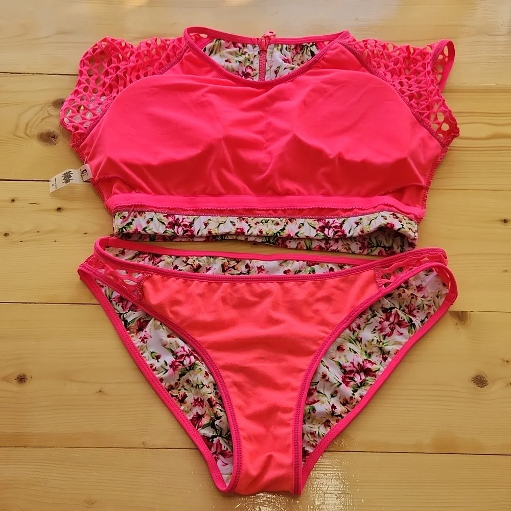 TINIBIKINI Swimwear 2 Pc Swimsuit Crop Top And Bottom Neon Floral M - Picture 10 of 12